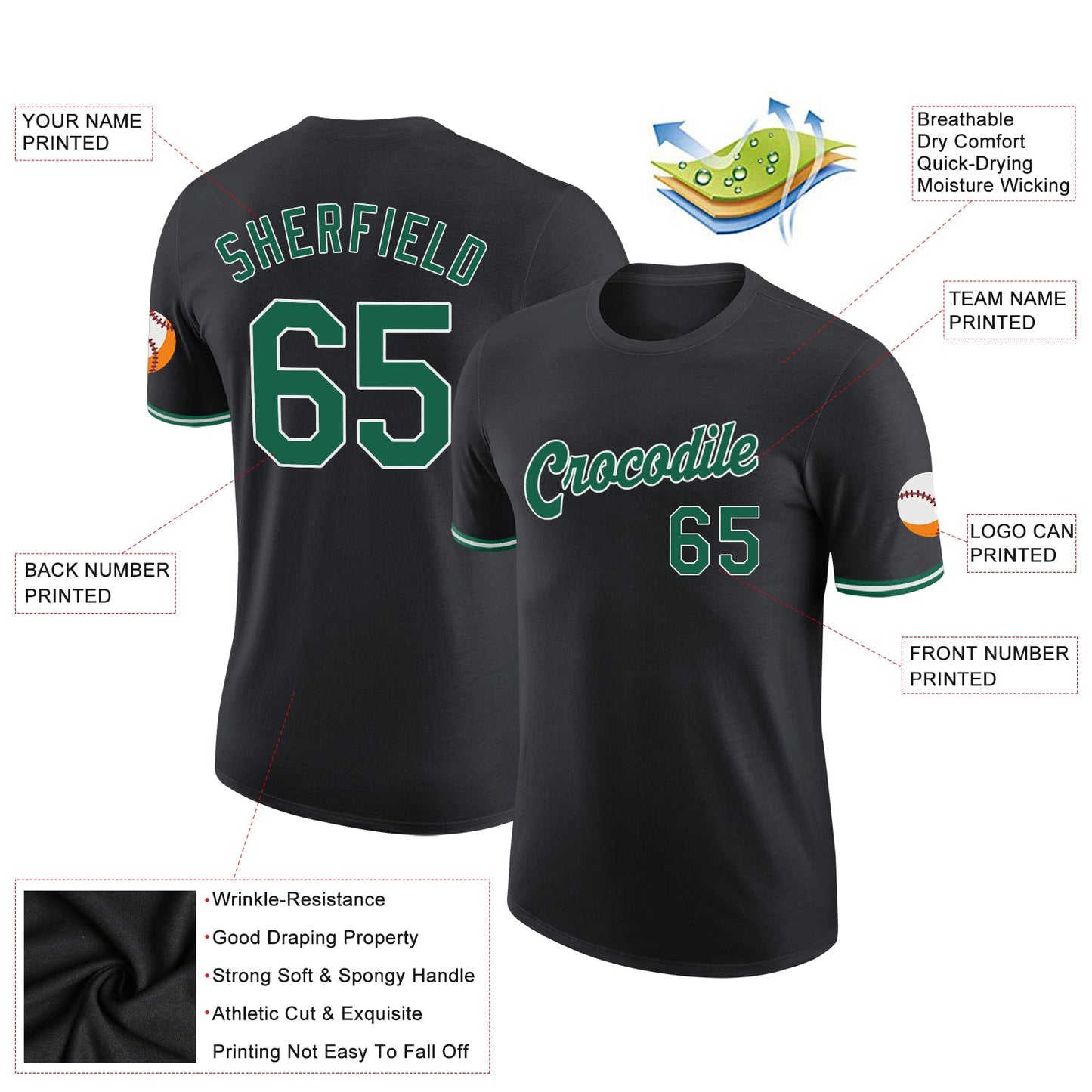 Custom Black Kelly Green-White Performance T-Shirt view 2