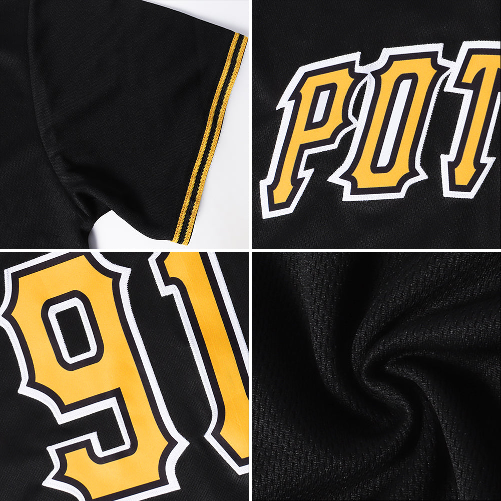 Custom Black Gold Authentic Throwback Rib-Knit Baseball Jersey Shirt view 7