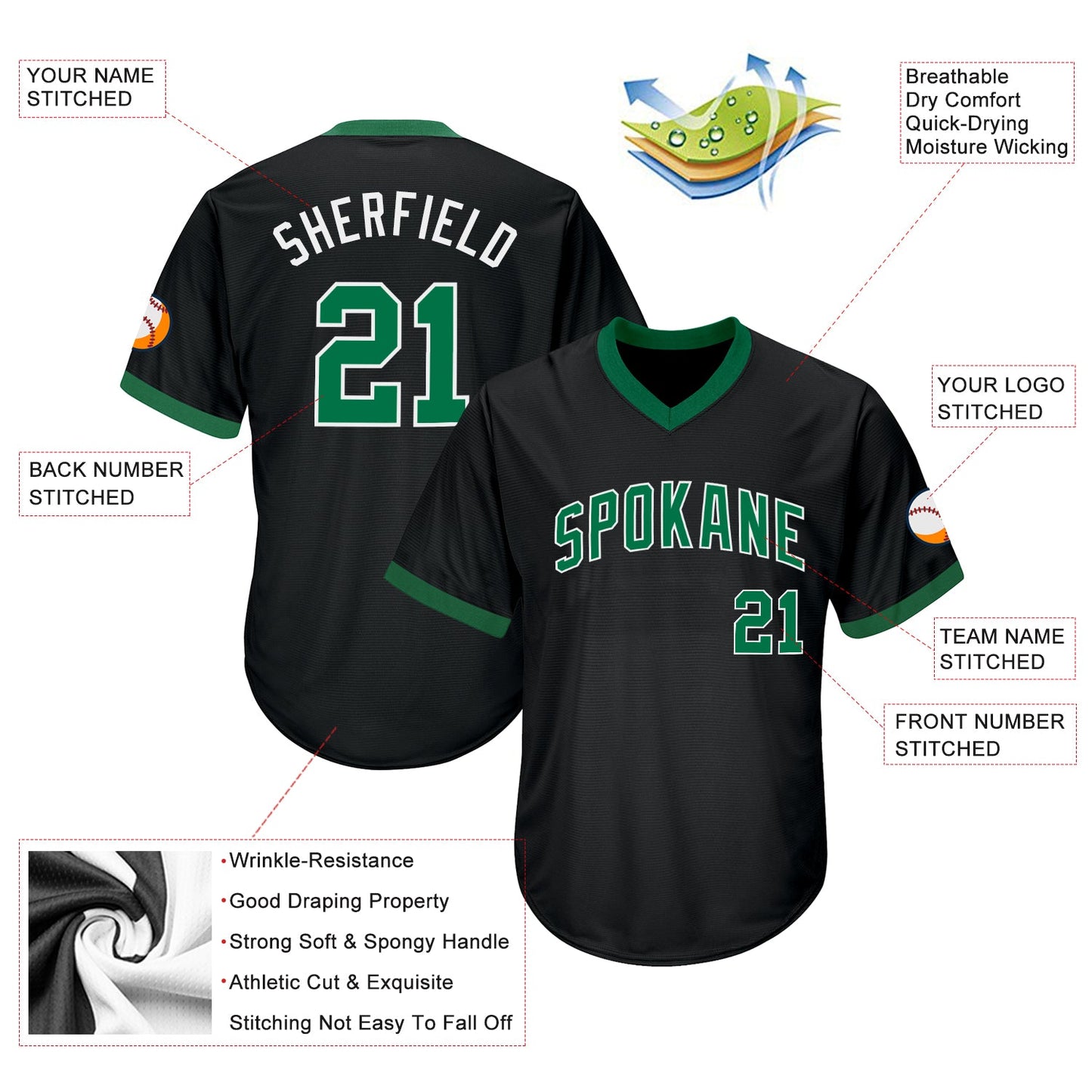 Custom Black Kelly Green-White Authentic Throwback Rib-Knit Baseball Jersey Shirt view 4