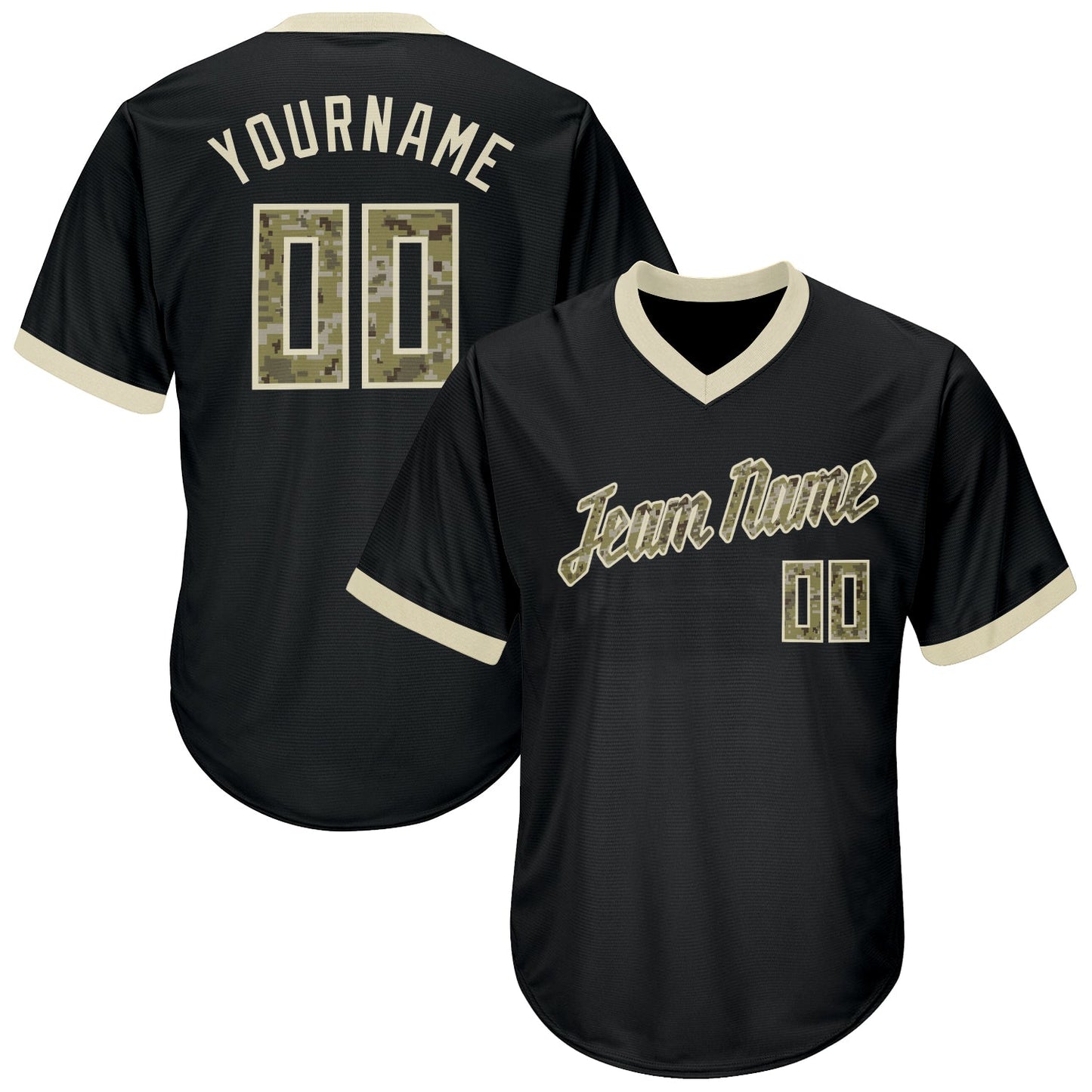 Custom Black Camo-Cream Authentic Throwback Rib-Knit Baseball Jersey Shirt - Main View