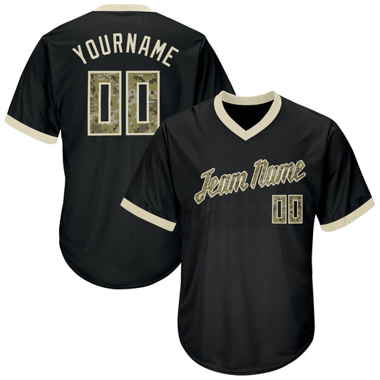 Custom Black Camo-Cream Authentic Throwback Rib-Knit Baseball Jersey Shirt - Main View