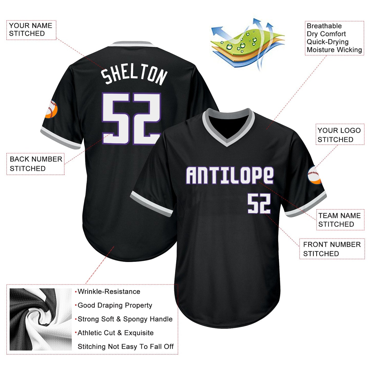 Custom Black White-Purple Authentic Throwback Rib-Knit Baseball Jersey Shirt view 4