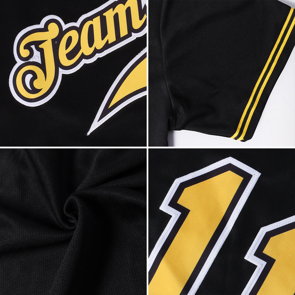 Custom Black White-Gold Authentic Throwback Rib-Knit Baseball Jersey Shirt view 7