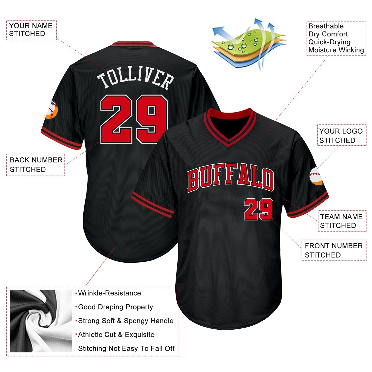 Custom Black Red-White Authentic Throwback Rib-Knit Baseball Jersey Shirt view 5
