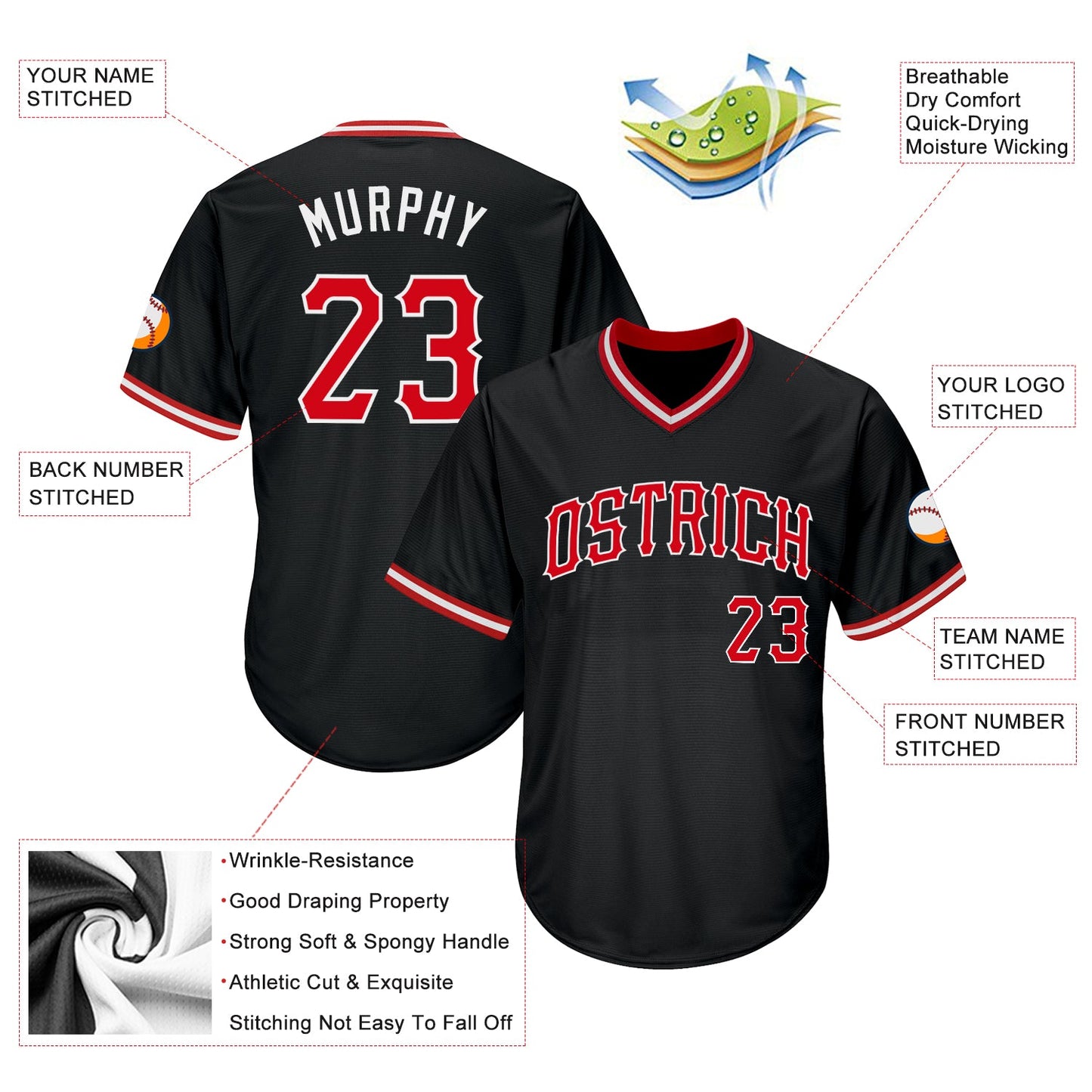 Custom Black Red-White Authentic Throwback Rib-Knit Baseball Jersey Shirt view 4