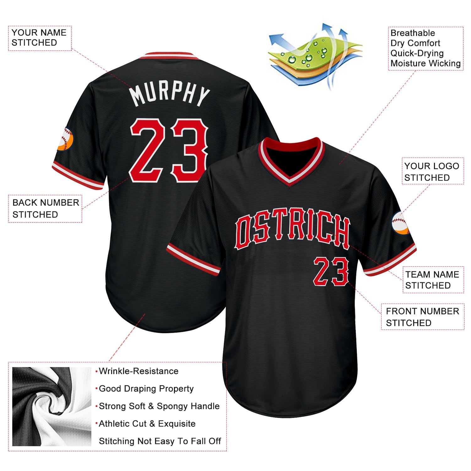 Custom Black Red-White Authentic Throwback Rib-Knit Baseball Jersey Shirt view 4