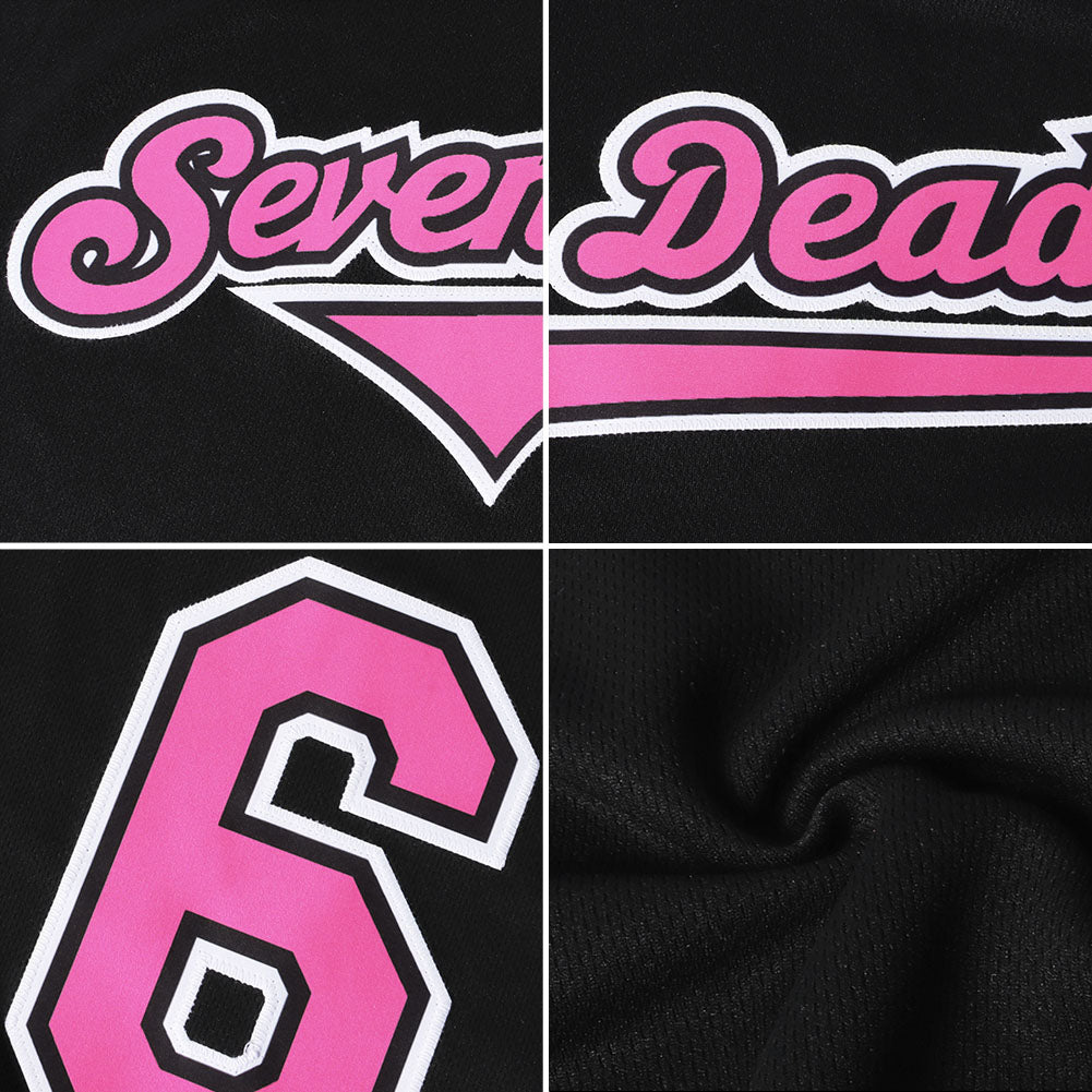 Custom Black Pink-Light Blue Authentic Throwback Rib-Knit Baseball Jersey Shirt view 7