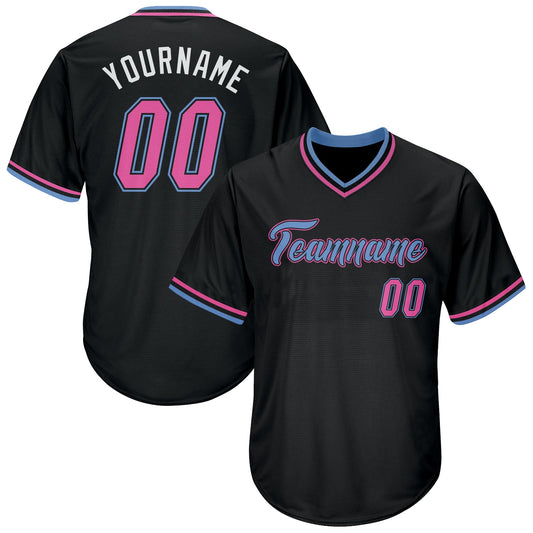 Custom Black Pink-Light Blue Authentic Throwback Rib-Knit Baseball Jersey Shirt - Main View