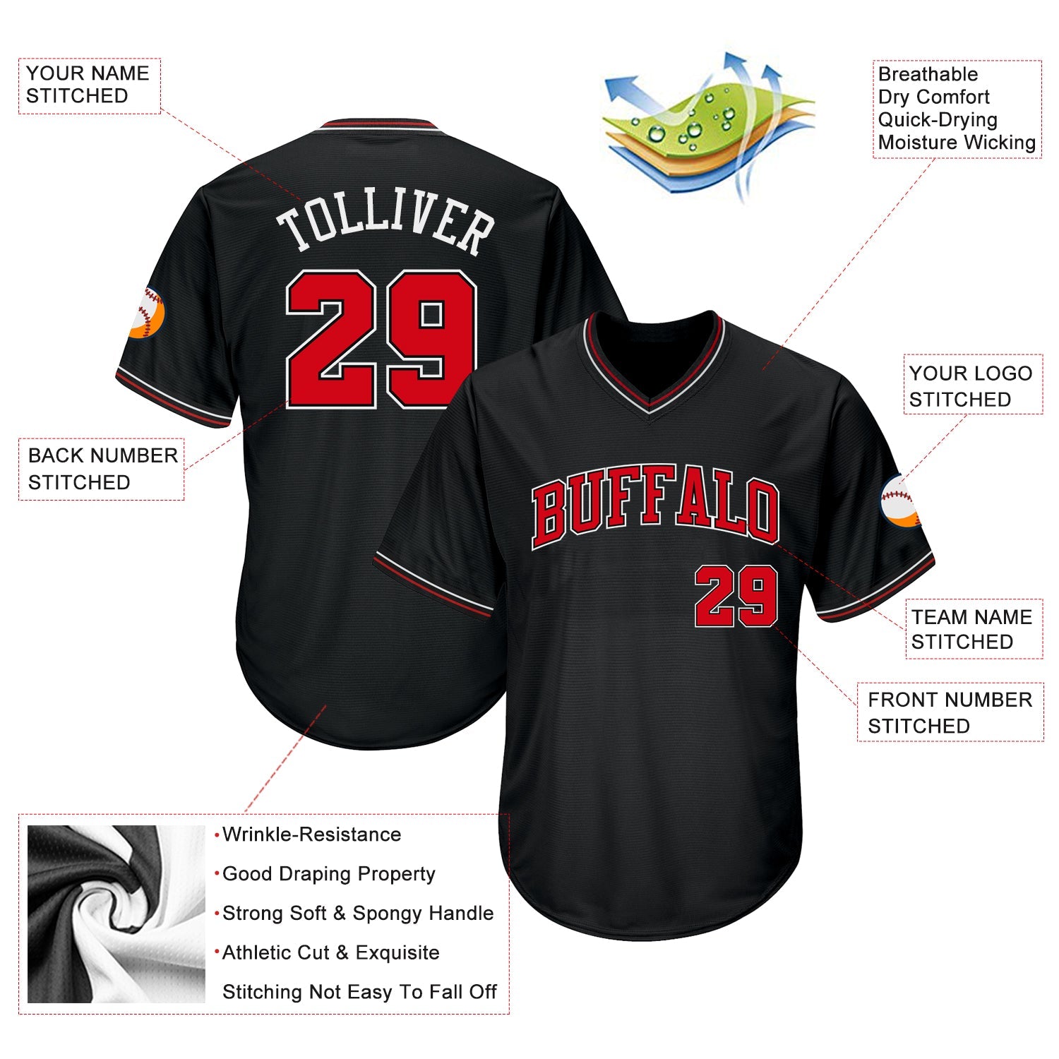 Custom Black Red-White Authentic Throwback Rib-Knit Baseball Jersey Shirt view 4