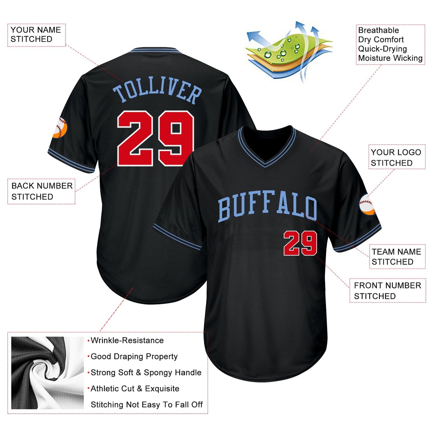 Custom Black Red-Light Blue Authentic Throwback Rib-Knit Baseball Jersey Shirt view 4