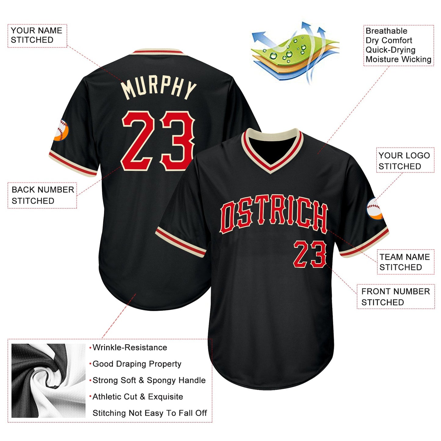 Custom Black Red-Cream Authentic Throwback Rib-Knit Baseball Jersey Shirt view 4