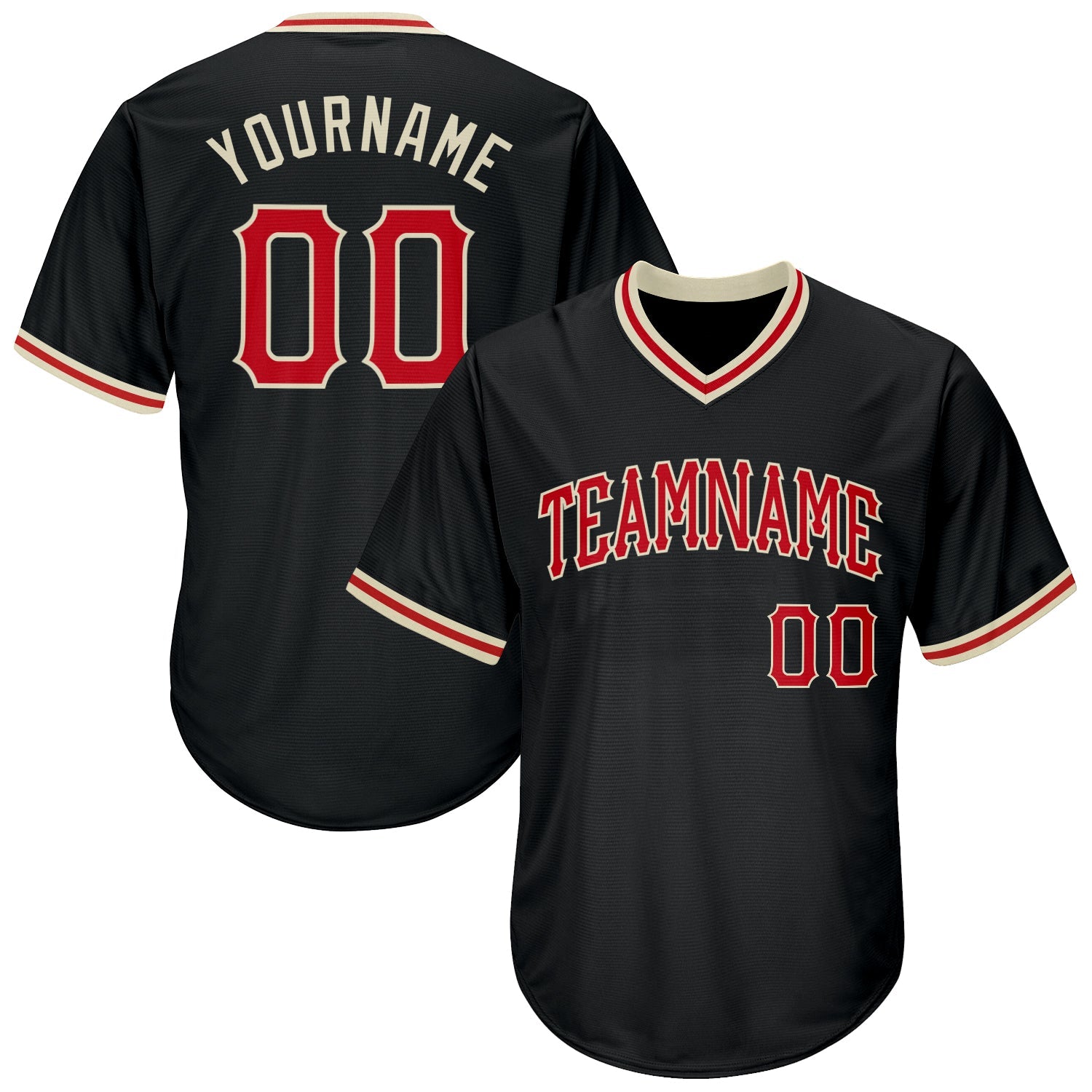 Custom Black Red-Cream Authentic Throwback Rib-Knit Baseball Jersey Shirt - Main View