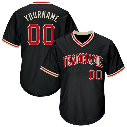Custom Black Red-Cream Authentic Throwback Rib-Knit Baseball Jersey Shirt - Main View