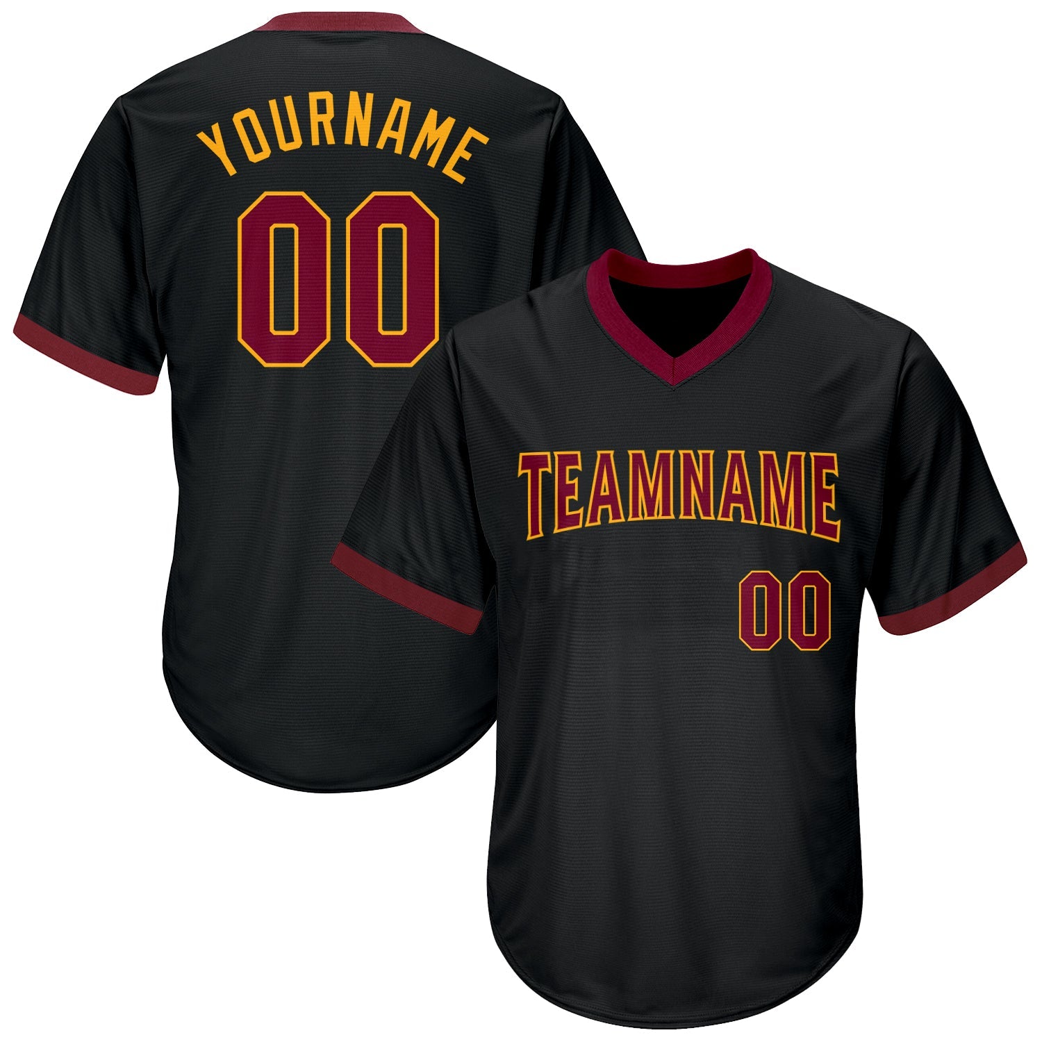 Custom Black Maroon-Gold Authentic Throwback Rib-Knit Baseball Jersey Shirt - Main View