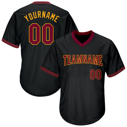 Custom Black Maroon-Gold Authentic Throwback Rib-Knit Baseball Jersey Shirt - Main View