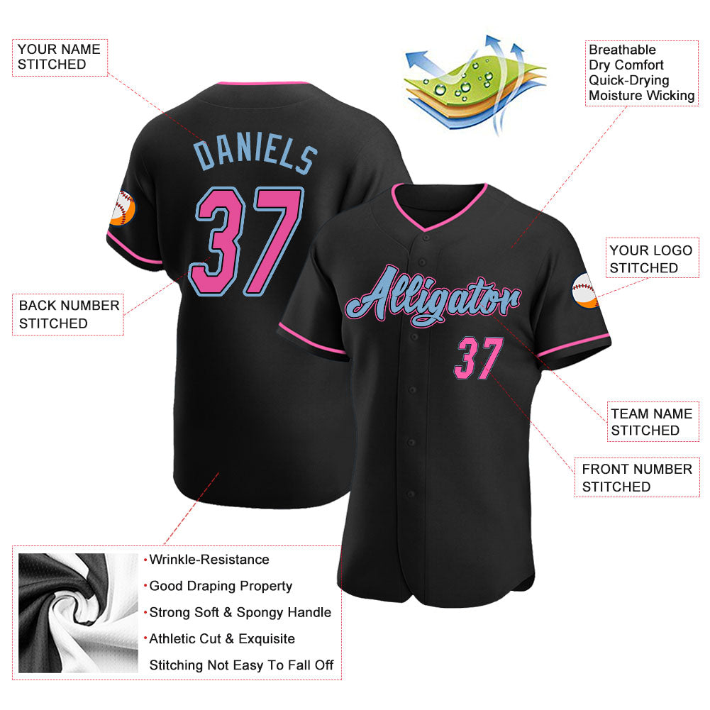 Custom Black Pink-Light Blue Authentic Baseball Jersey view 3