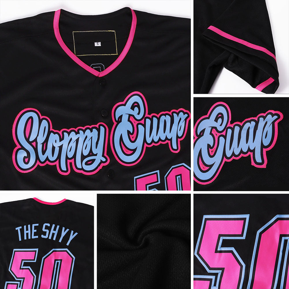 Custom Black Pink-Light Blue Authentic Baseball Jersey view 6