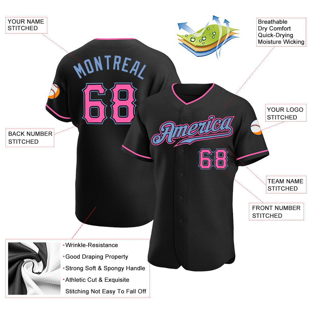 Custom Black Pink-Light Blue Authentic Baseball Jersey view 3