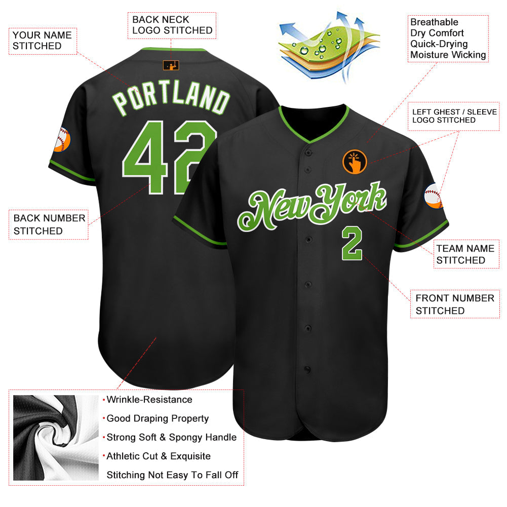 Custom Black Neon Green-White Authentic Baseball Jersey view 3