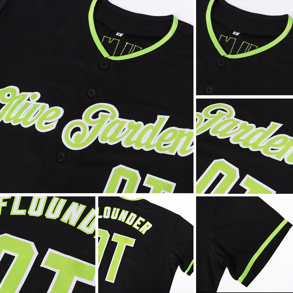 Custom Black Neon Green-White Authentic Baseball Jersey view 6