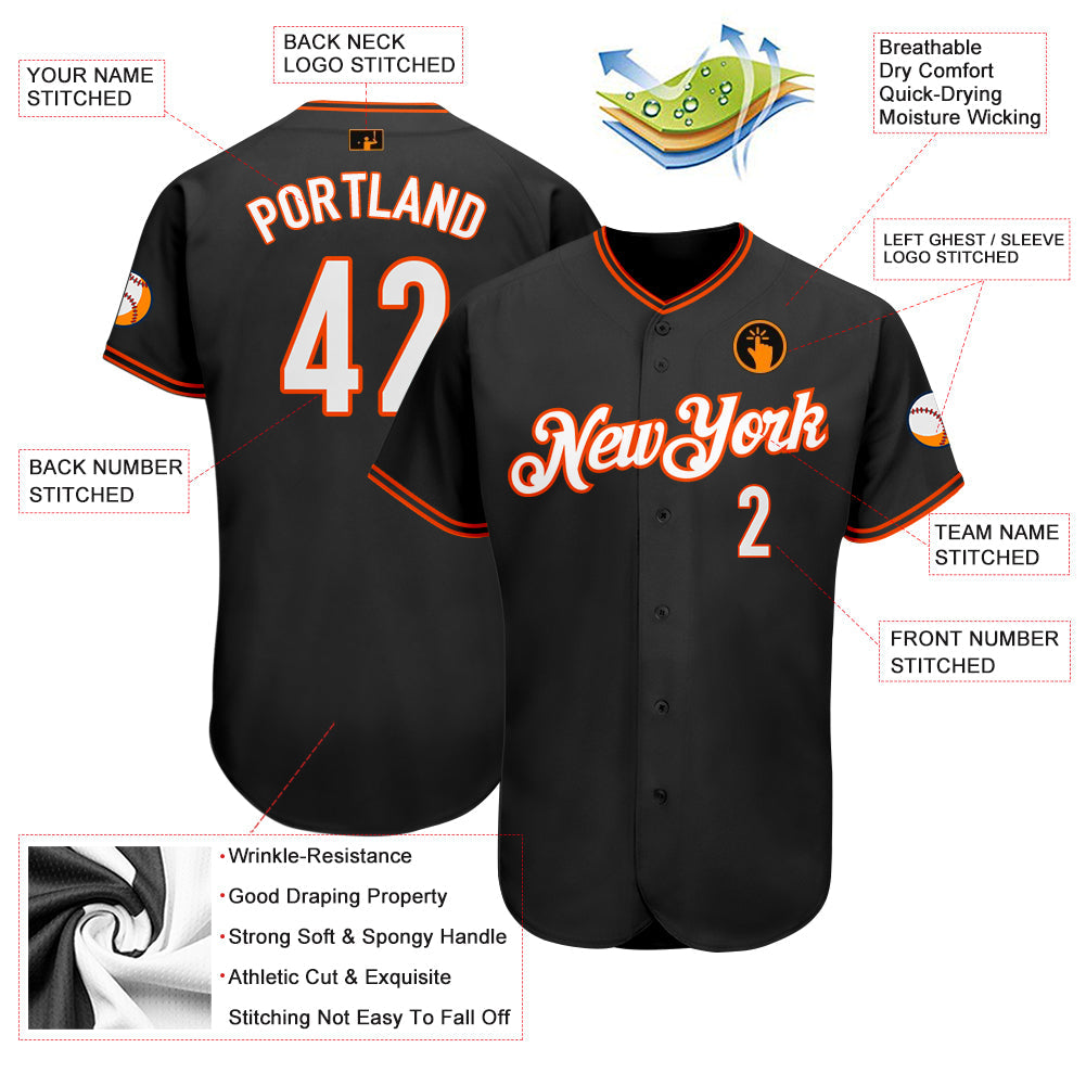 Custom Black White-Orange Authentic Baseball Jersey view 3