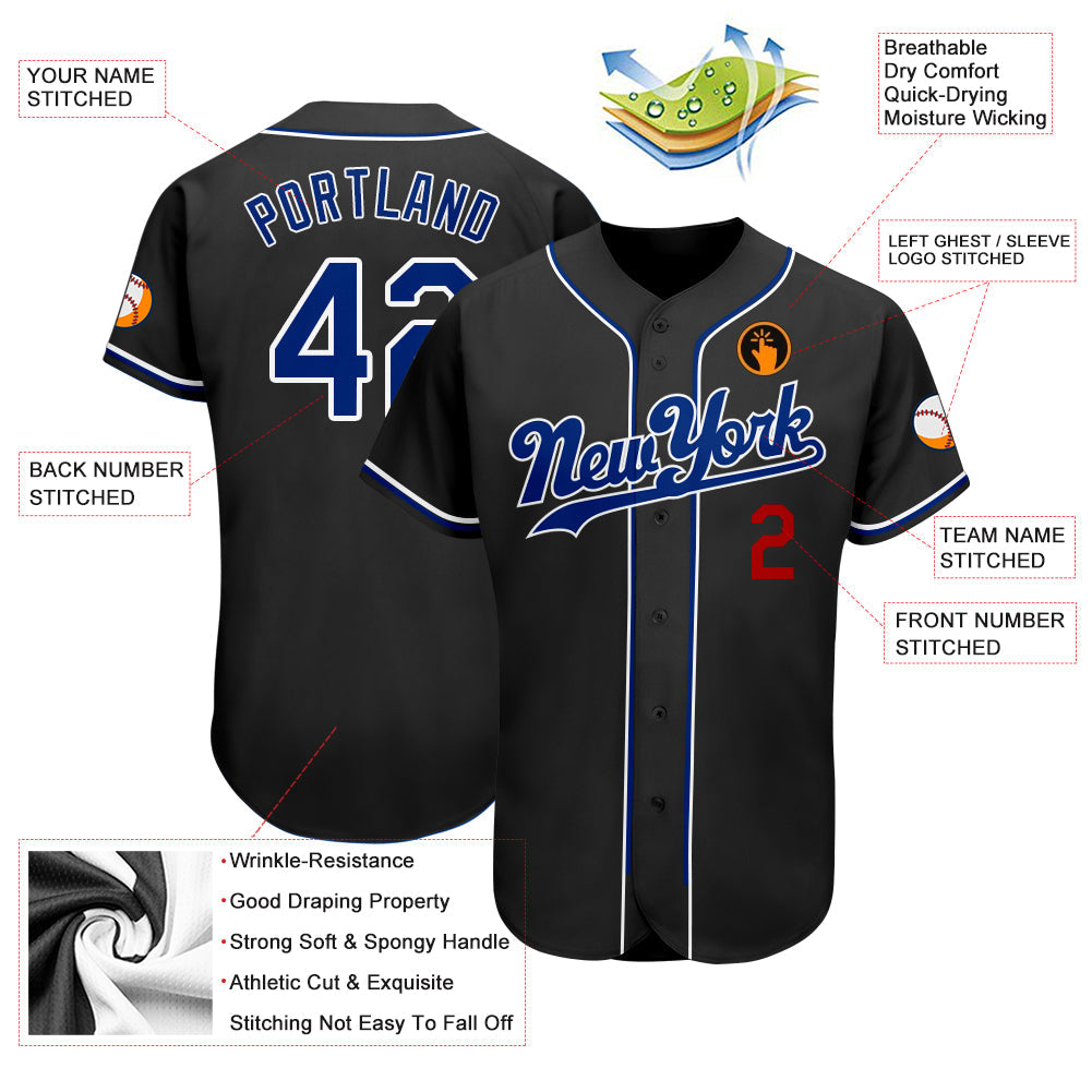 Custom Black Royal-Red Authentic Baseball Jersey view 3