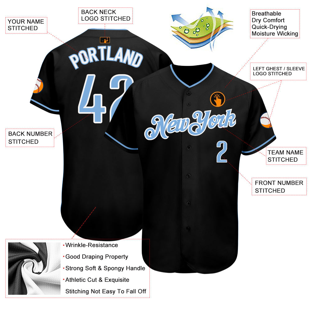 Custom Black Light Blue-White Authentic Baseball Jersey view 3