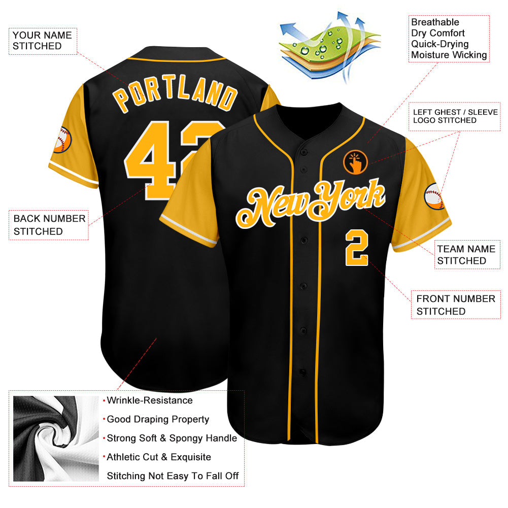 Custom Black Gold-White Authentic Two Tone Baseball Jersey view 3