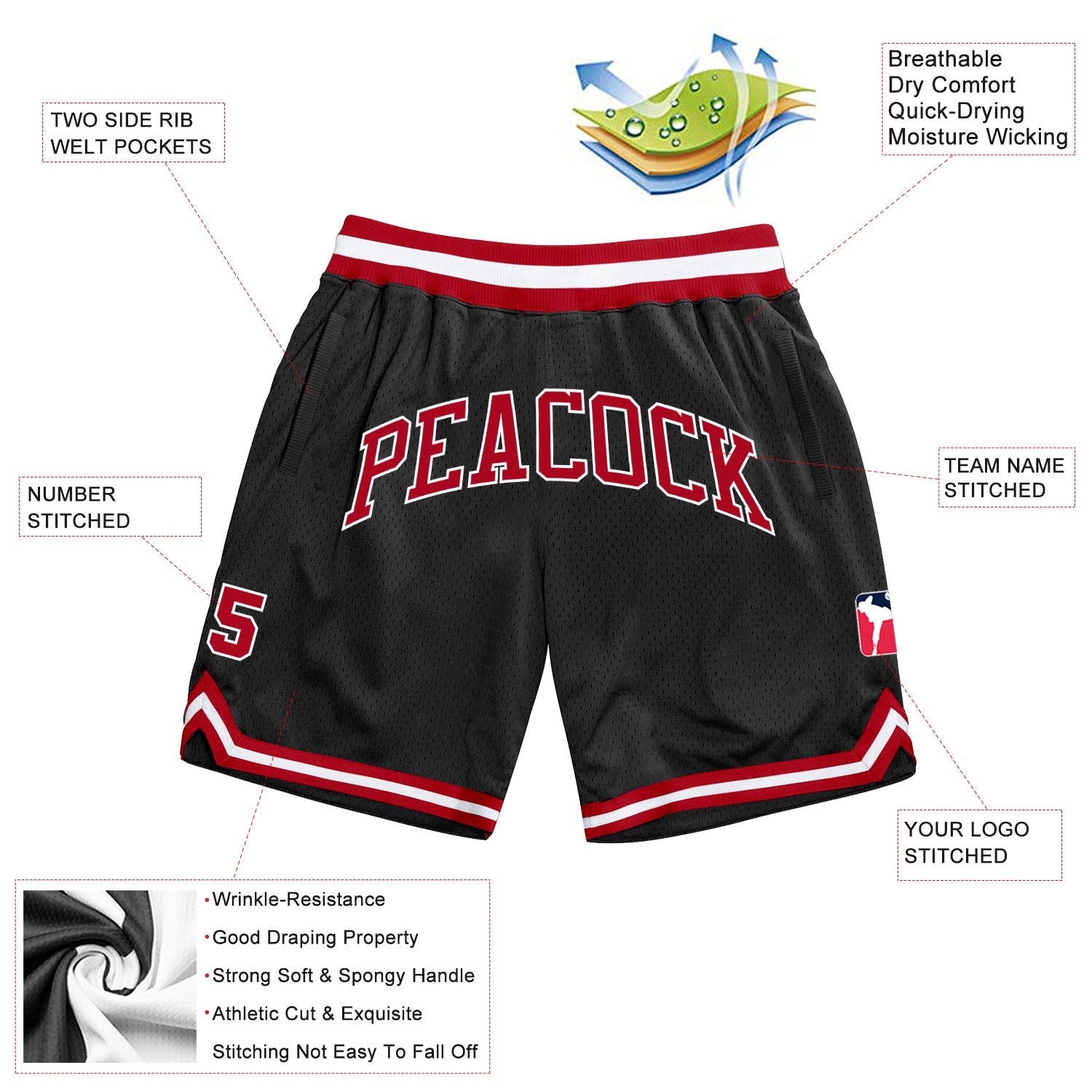 Custom Black Red-White Authentic Throwback Basketball Shorts view 3