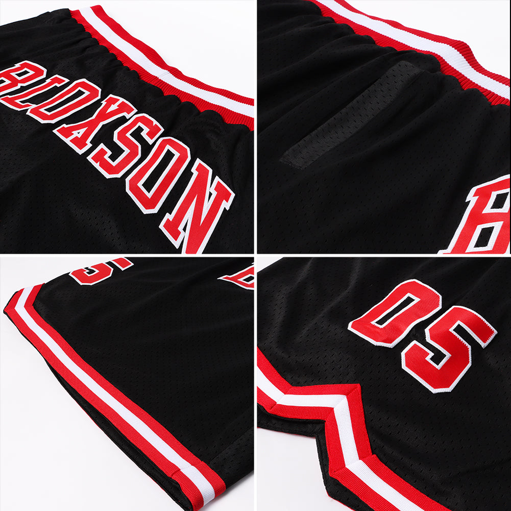 Custom Black Red-White Authentic Throwback Basketball Shorts view 5