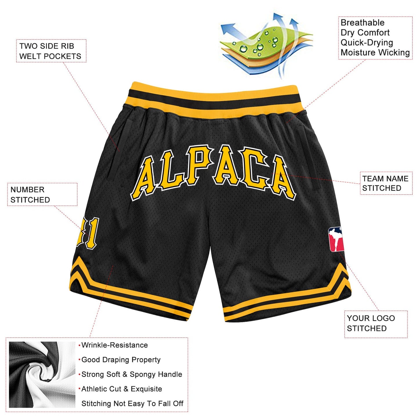 Custom Black Gold-White Authentic Throwback Basketball Shorts view 3