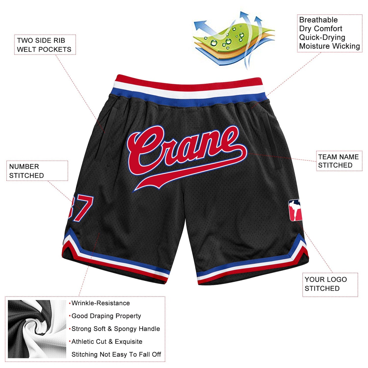 Custom Black Red-Royal Authentic Throwback Basketball Shorts view 2