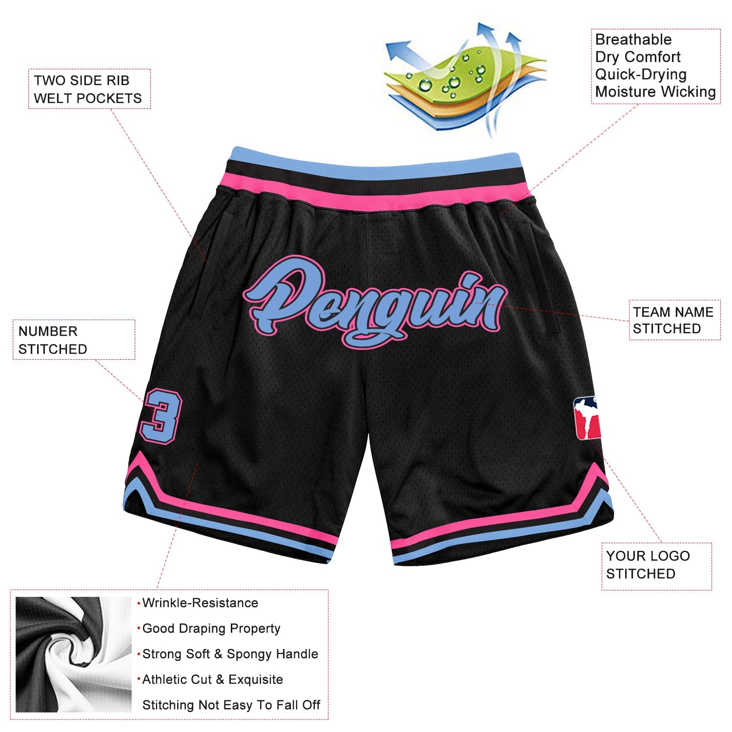 Custom Black Light Blue-Pink Authentic Throwback Basketball Shorts view 3
