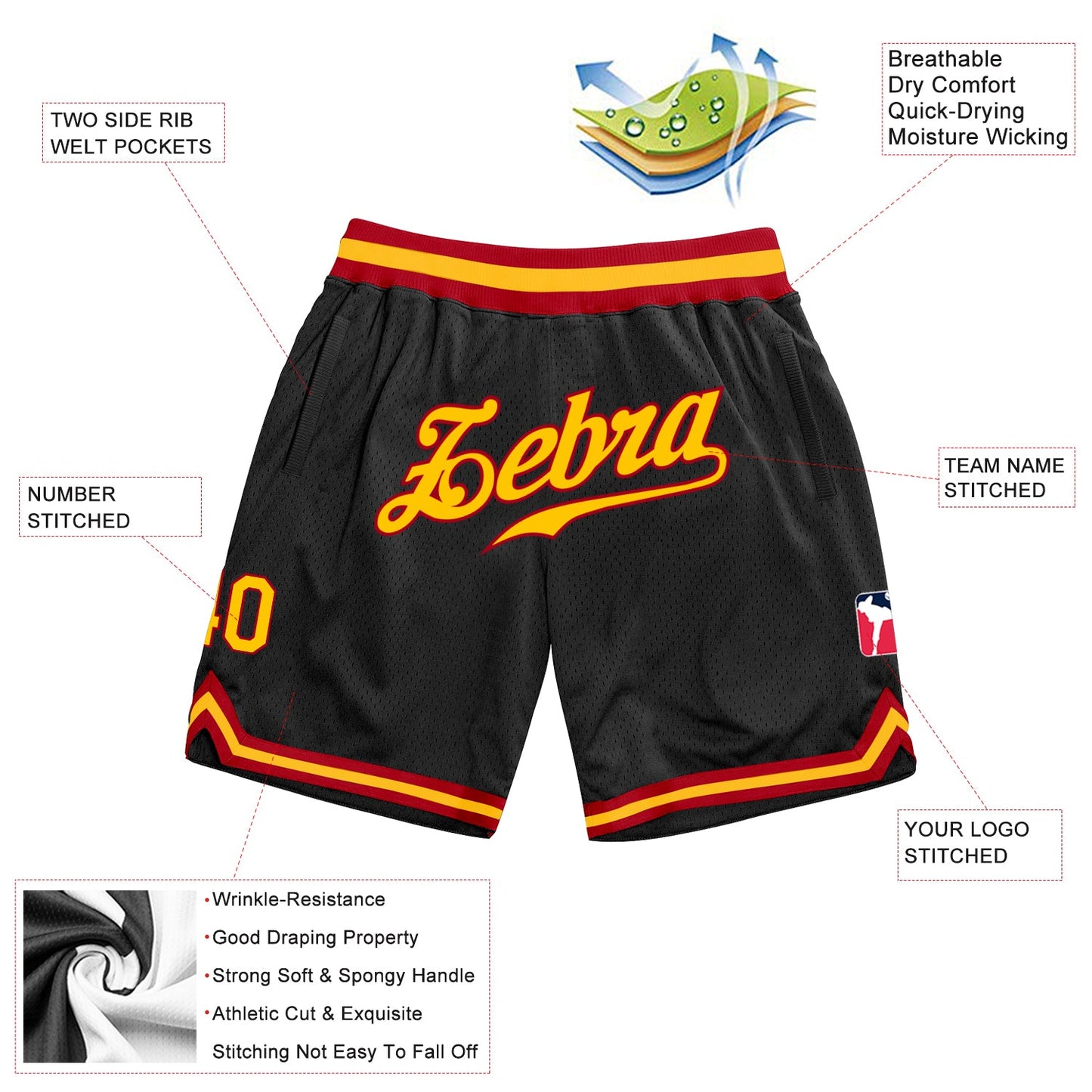 Custom Black Gold-Red Authentic Throwback Basketball Shorts view 2