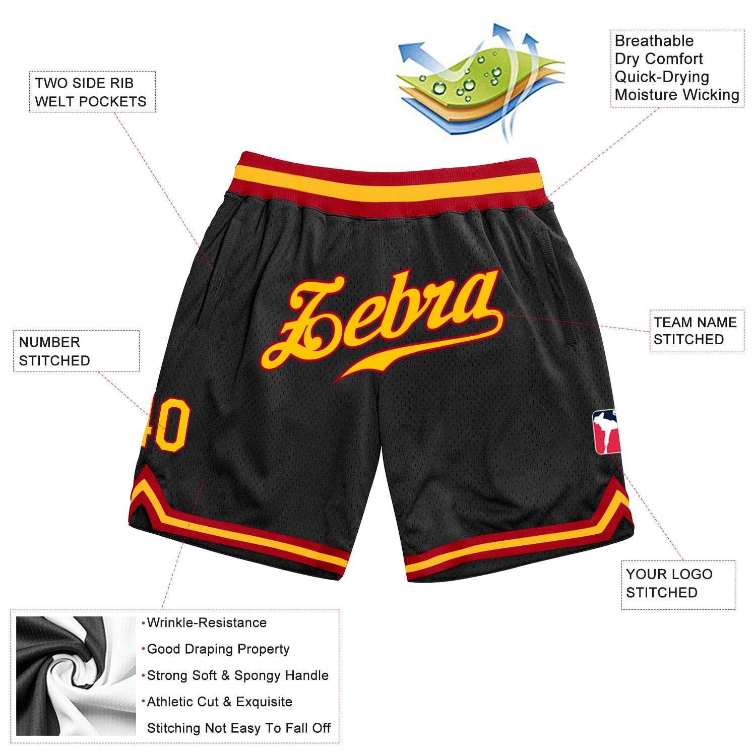 Custom Black Gold-Red Authentic Throwback Basketball Shorts view 2