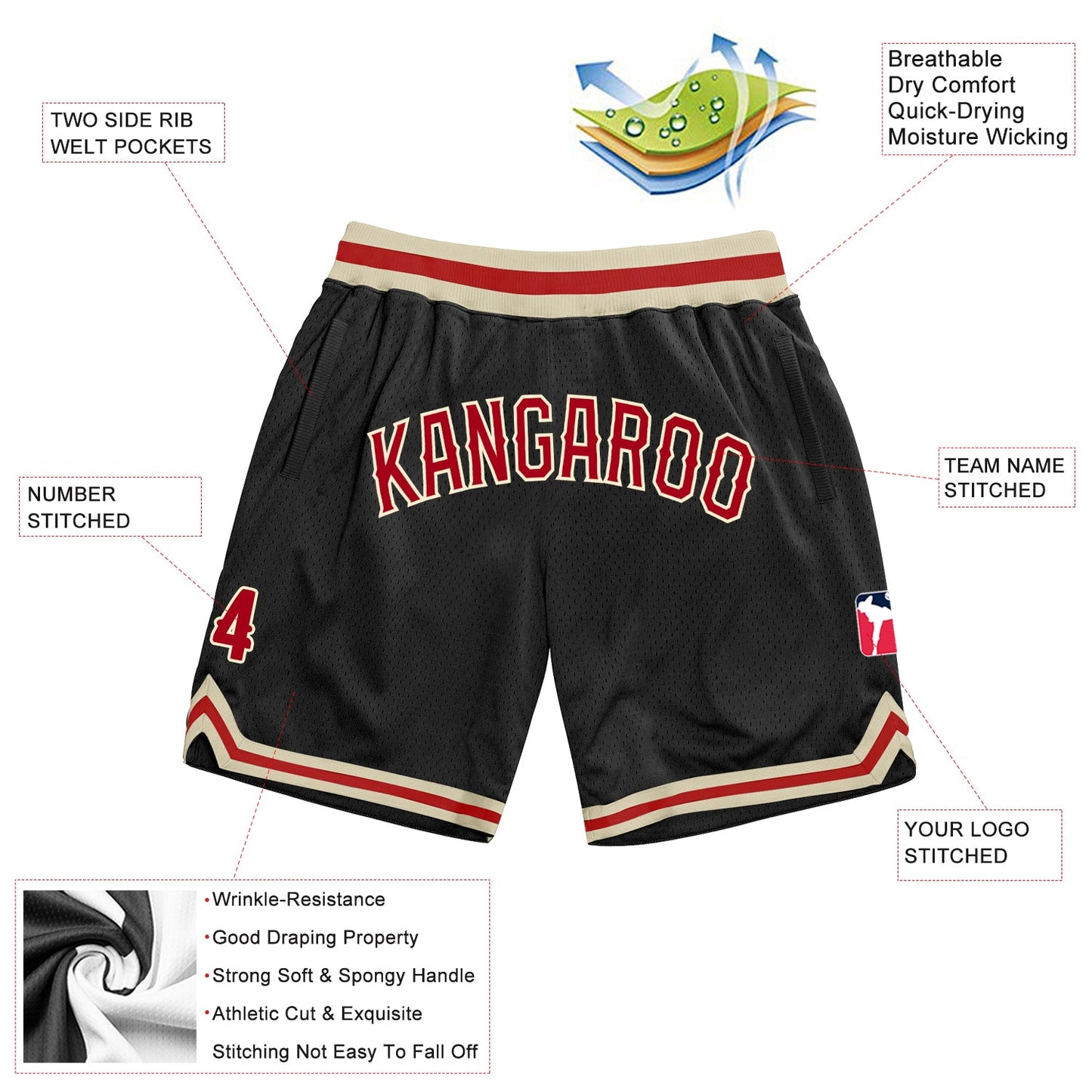 Custom Black Red-Cream Authentic Throwback Basketball Shorts view 2