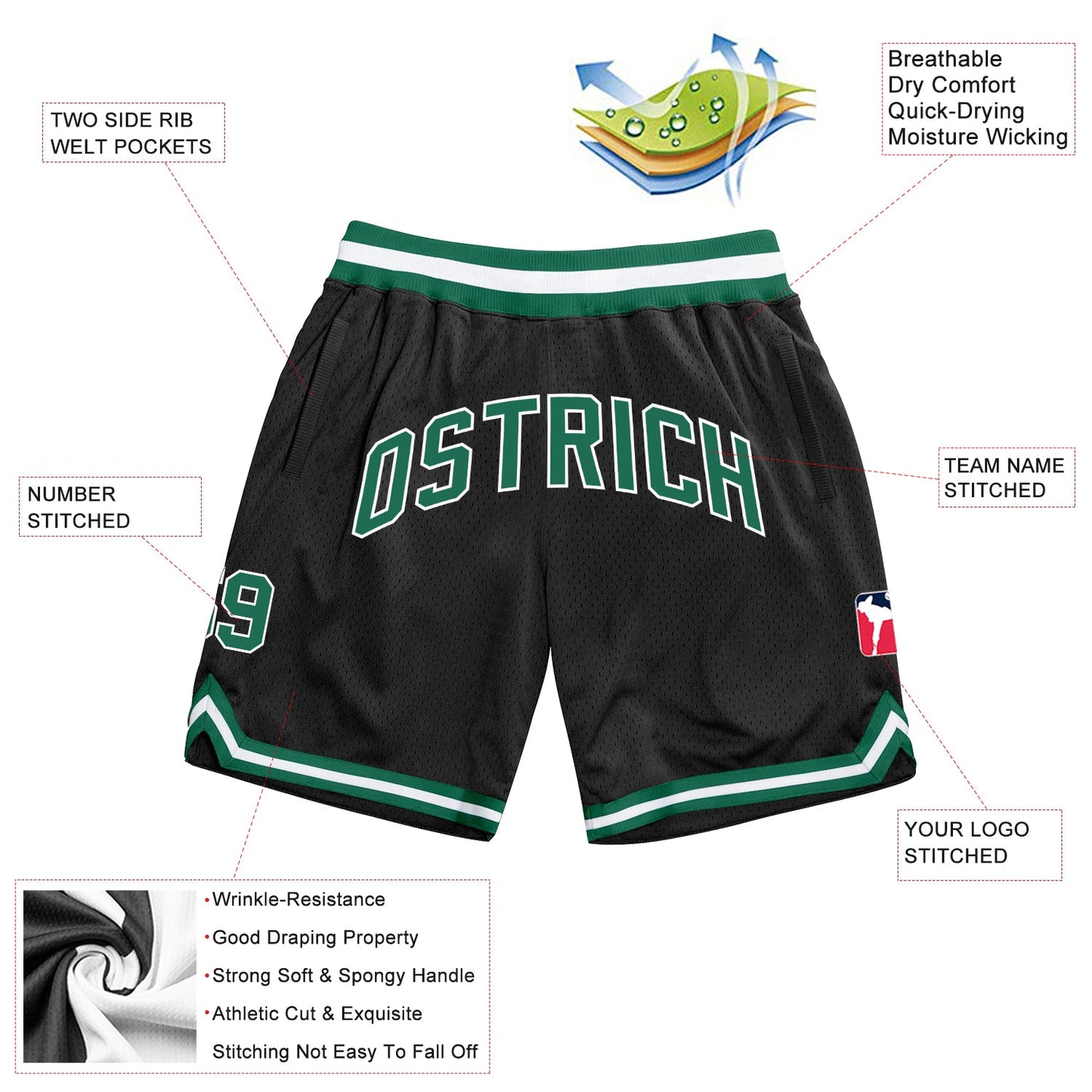 Custom Black Kelly Green-White Authentic Throwback Basketball Shorts view 2