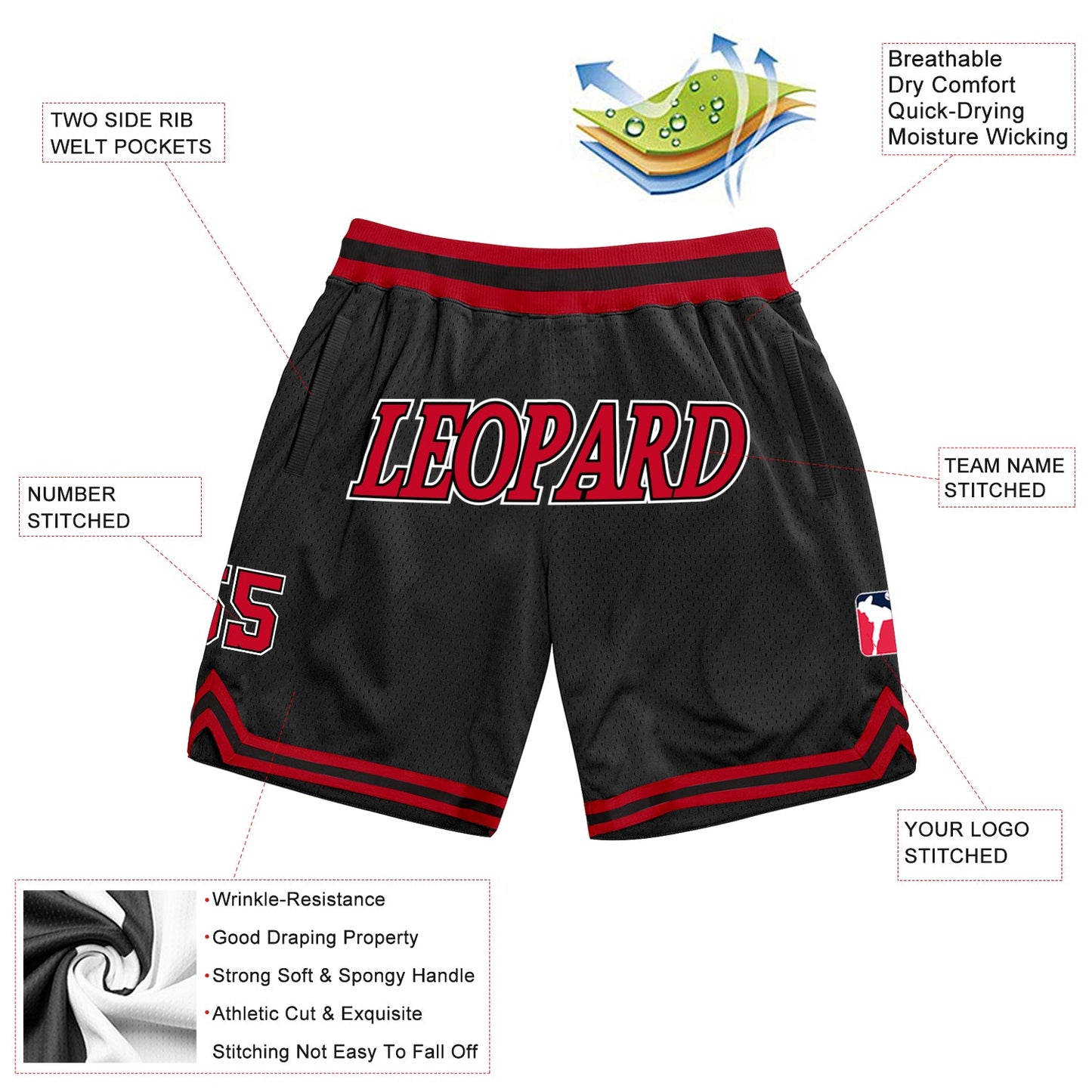 Custom Black Red-White Authentic Throwback Basketball Shorts view 2
