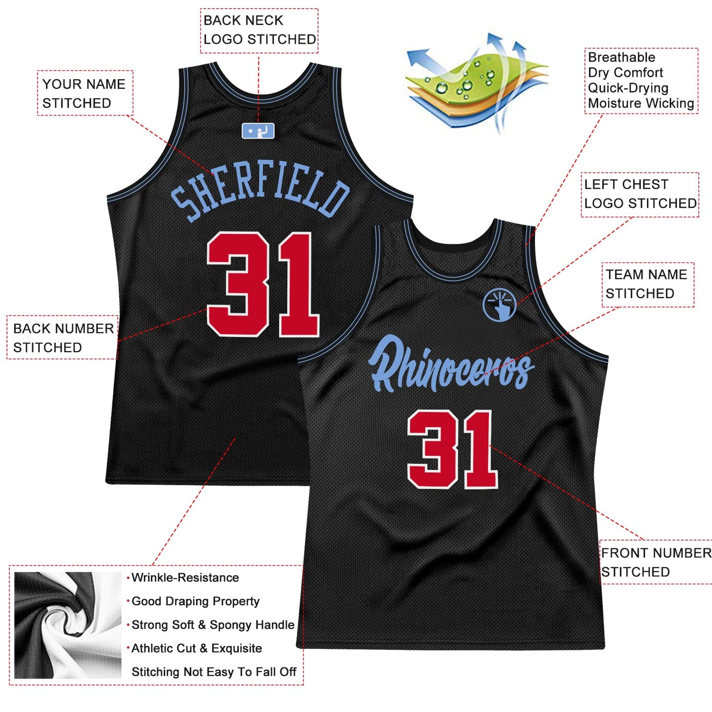 Custom Black Red-Light Blue Authentic Throwback Basketball Jersey view 2