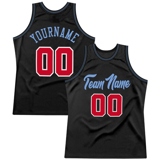 Custom Black Red-Light Blue Authentic Throwback Basketball Jersey - Main View