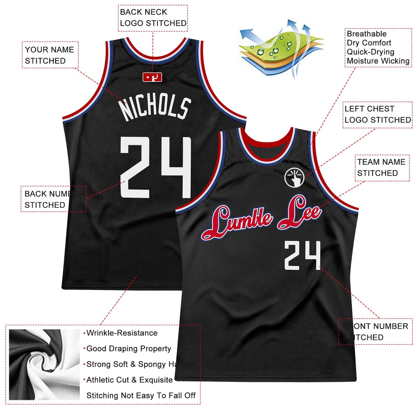 Custom Black White-Red Authentic Throwback Basketball Jersey view 2
