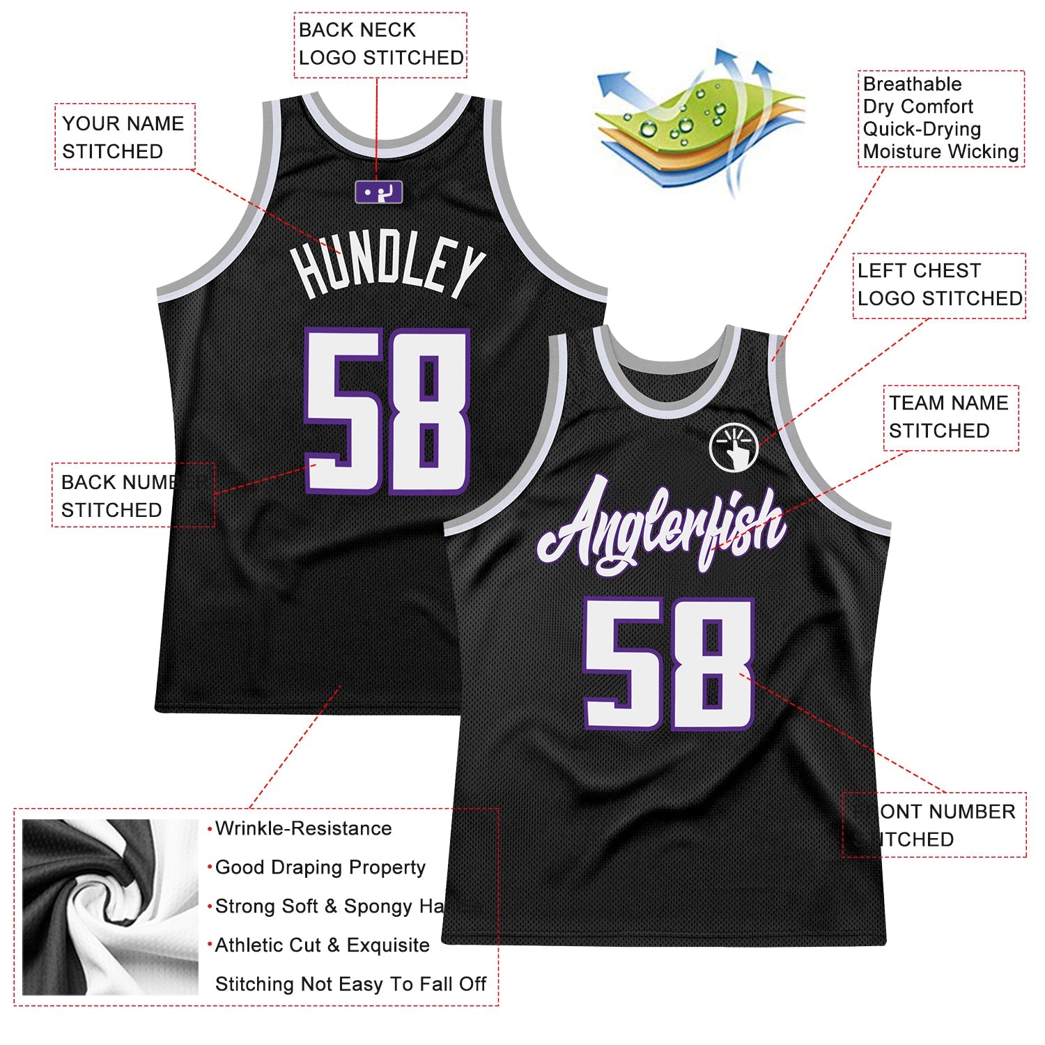 Custom Black White-Purple Authentic Throwback Basketball Jersey view 2