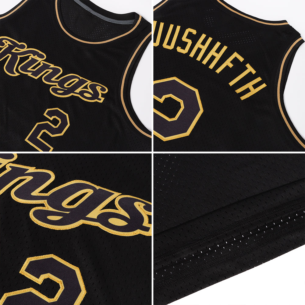 Custom Black Black-Old Gold Authentic Throwback Basketball Jersey view 5