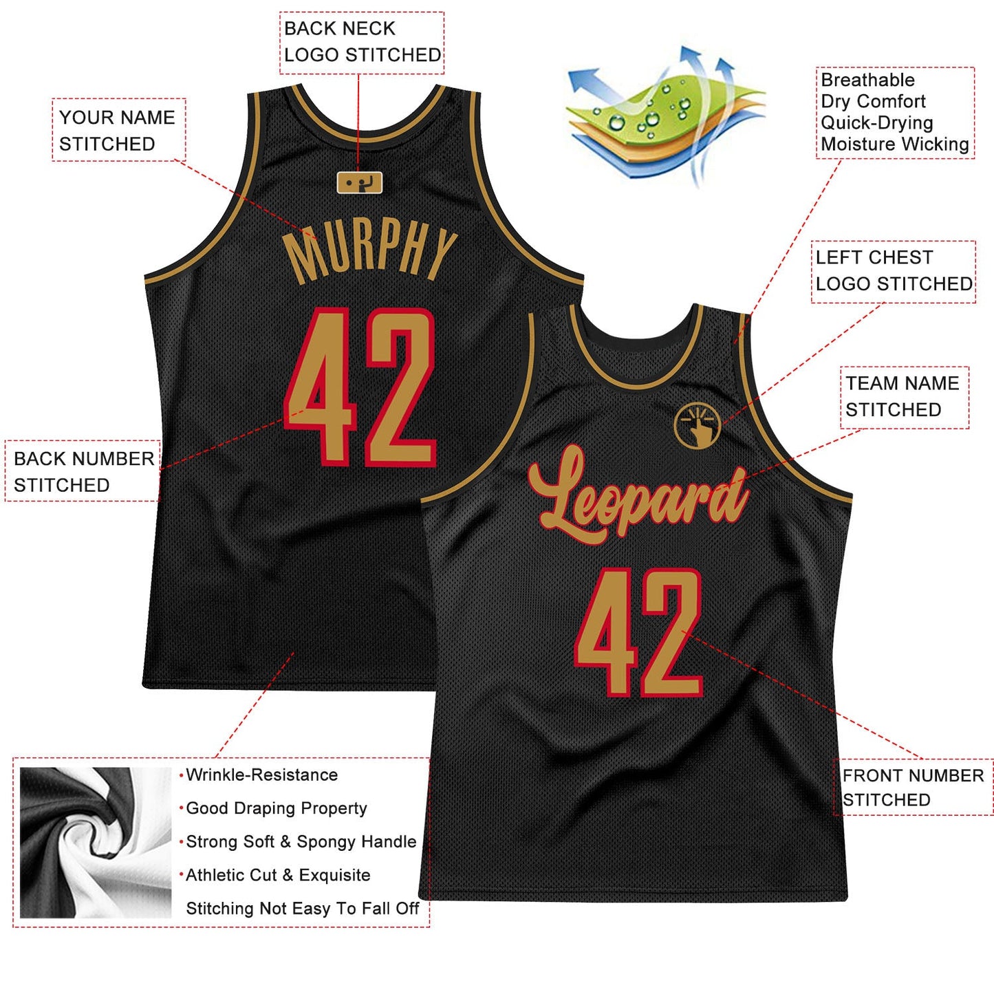 Custom Black Old Gold-Red Authentic Throwback Basketball Jersey view 2