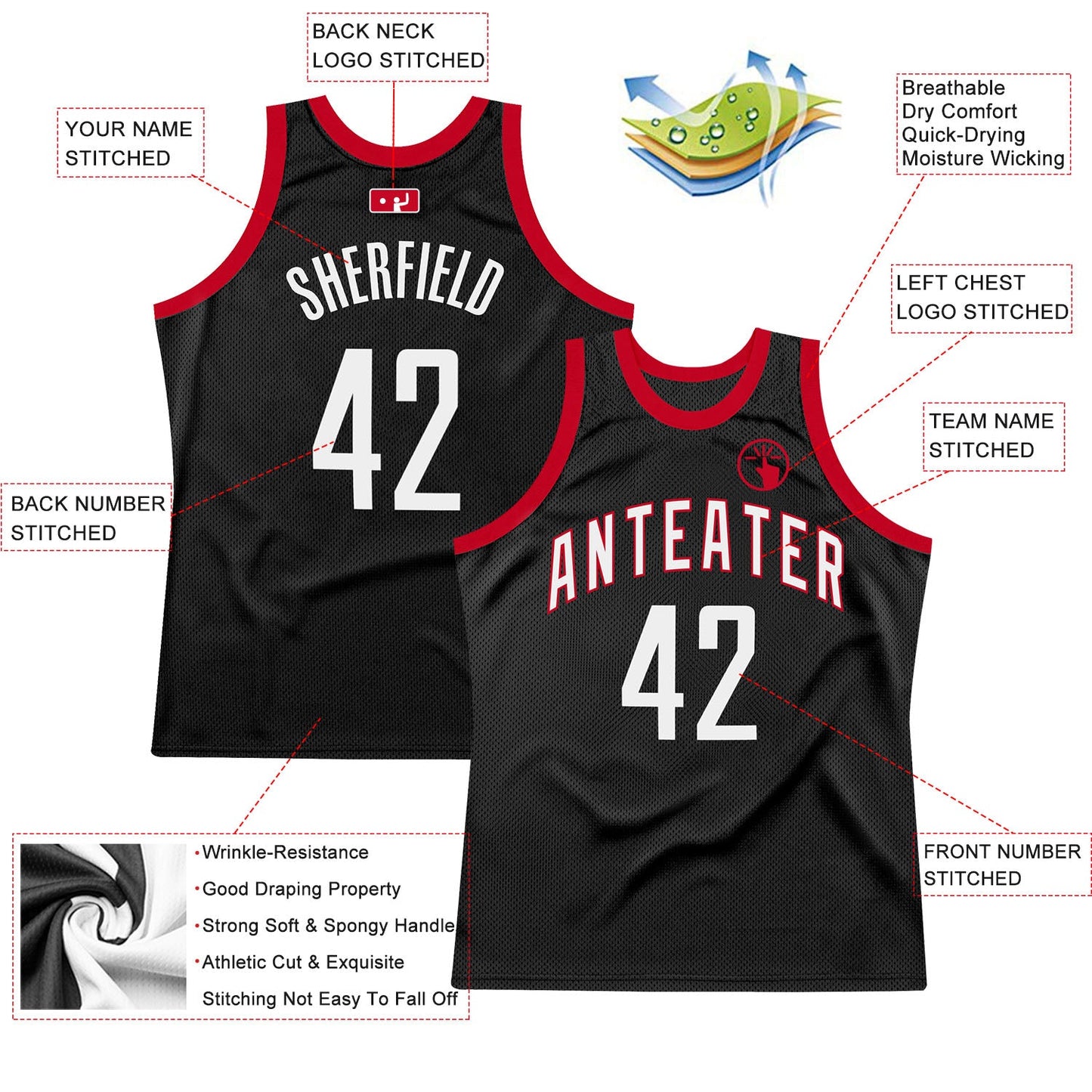 Custom Black White-Red Authentic Throwback Basketball Jersey view 2