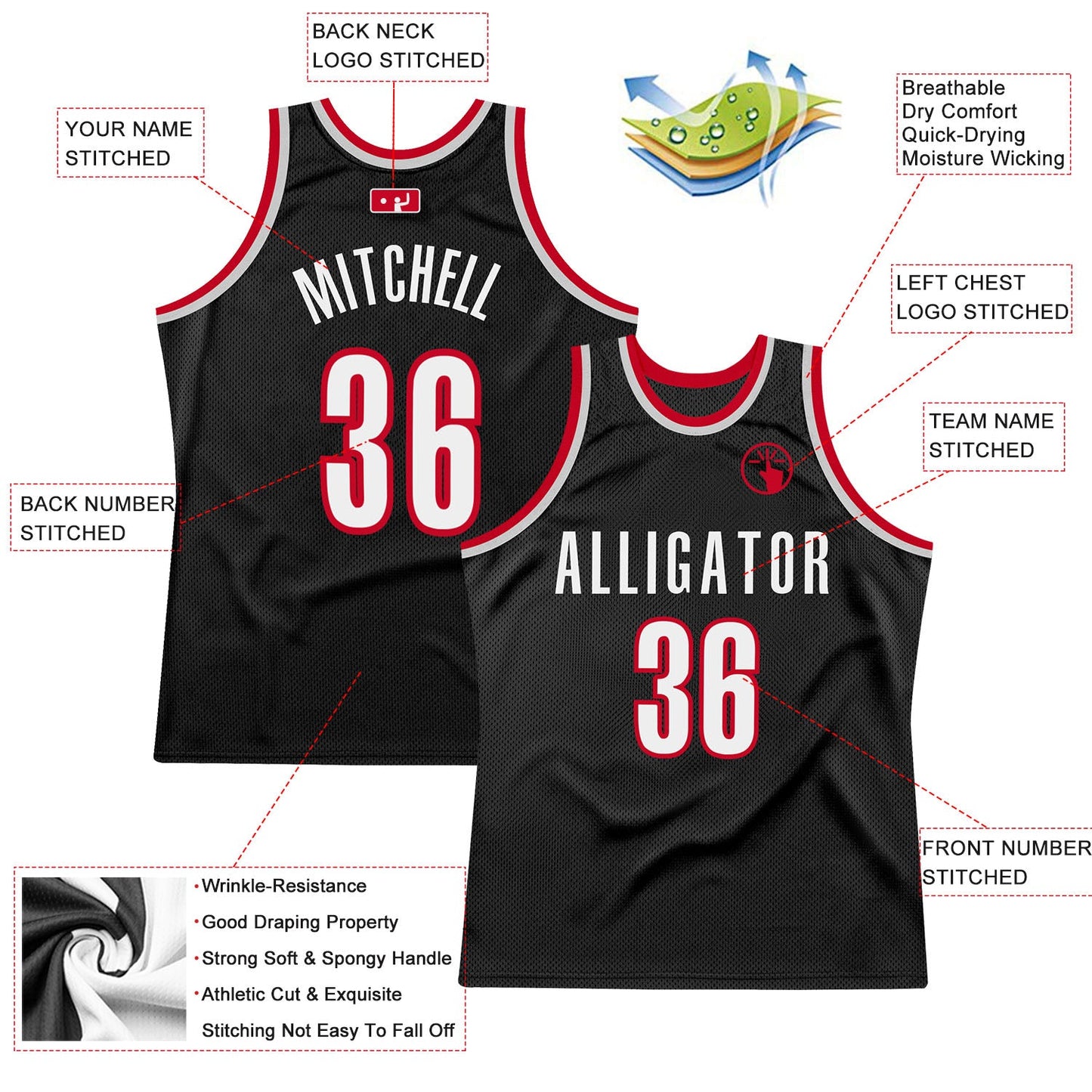 Custom Black White-Red Authentic Throwback Basketball Jersey view 2
