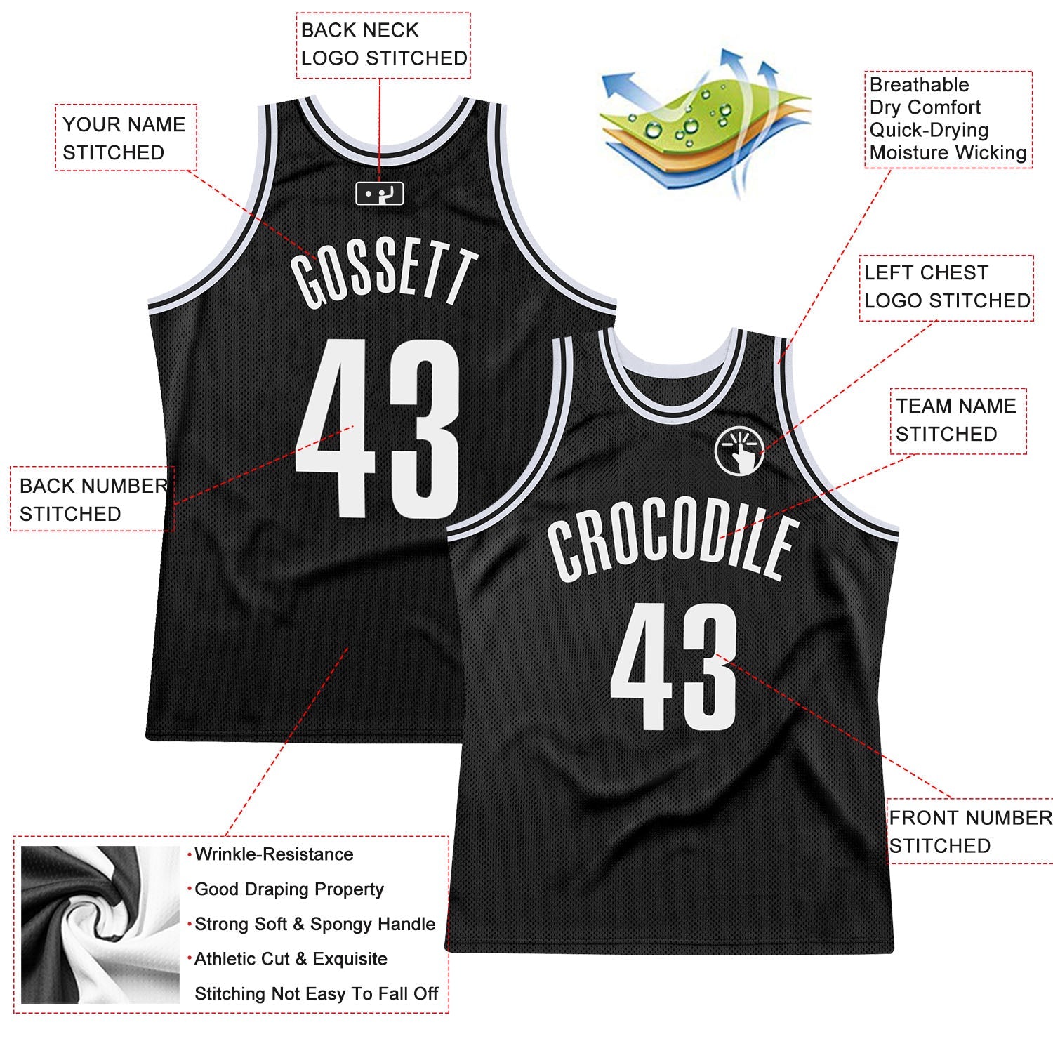 Custom Black White Authentic Throwback Basketball Jersey view 3