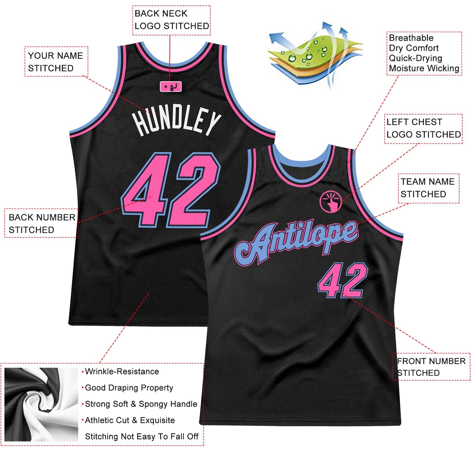 Custom Black Pink-Light Blue Authentic Throwback Basketball Jersey view 2
