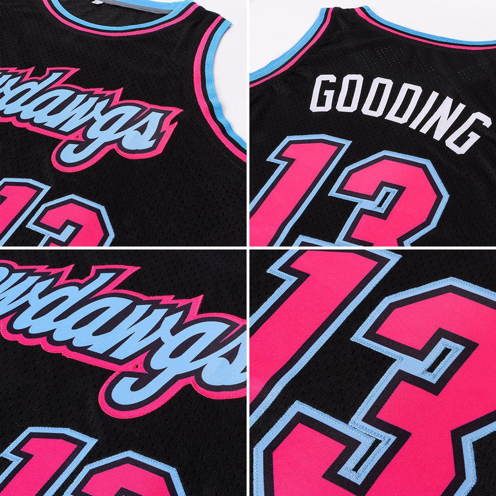 Custom Black Pink-Light Blue Authentic Throwback Basketball Jersey view 5