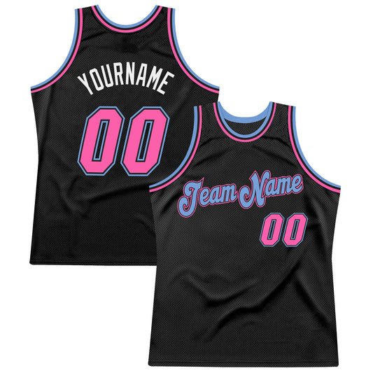 Custom Black Pink-Light Blue Authentic Throwback Basketball Jersey - Main View